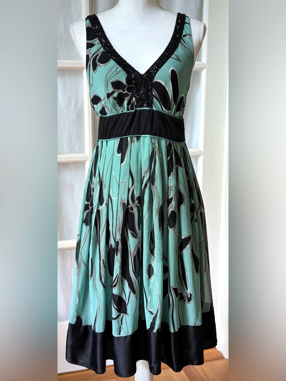 Ella Rose 100% Silk Beaded Aqua Abstract Print Fit & Flare Cocktail Dress Size 8